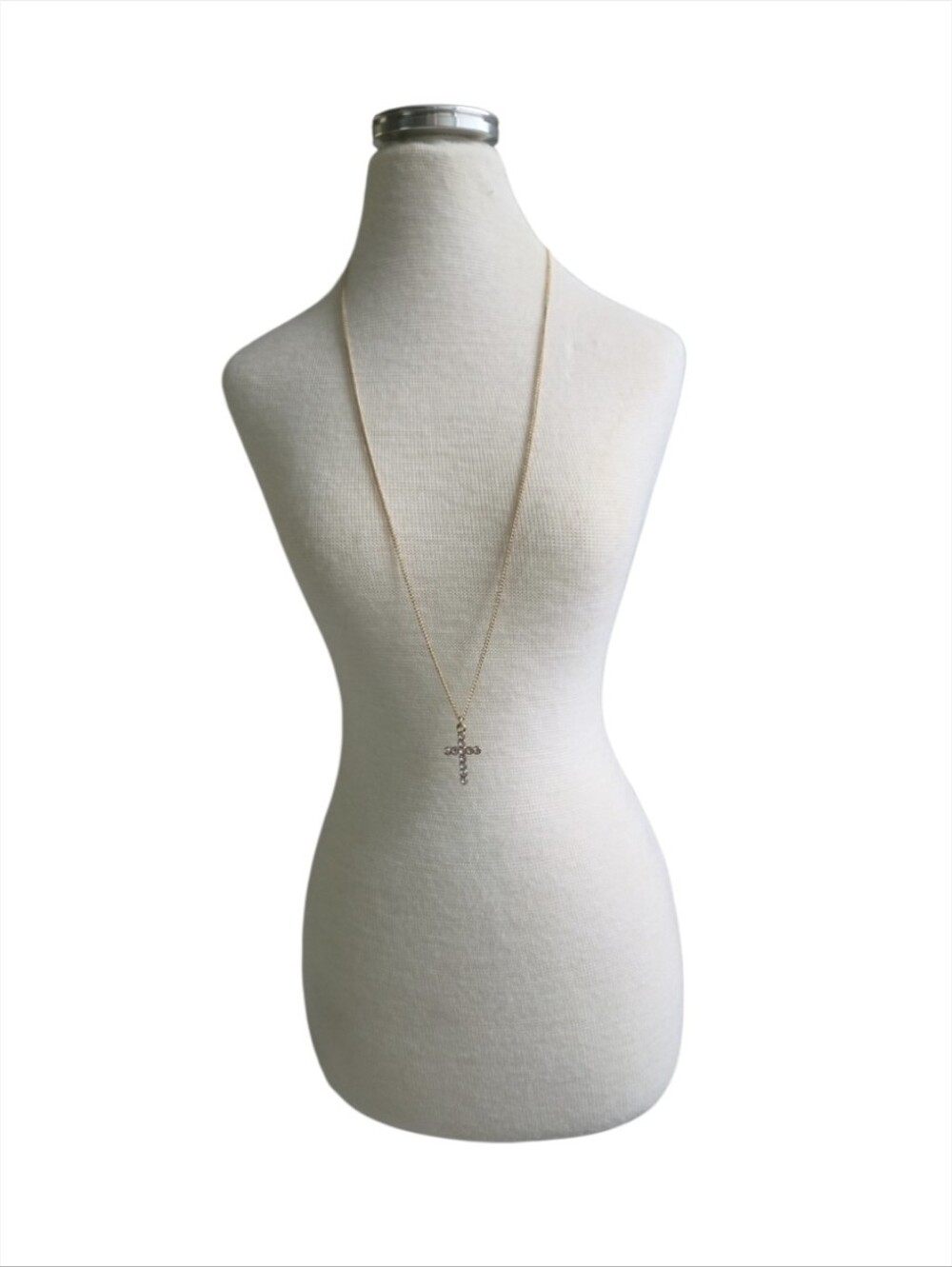 Vintage Delicate Gold-tone Cross Rhinestones Pendant Necklace 26"